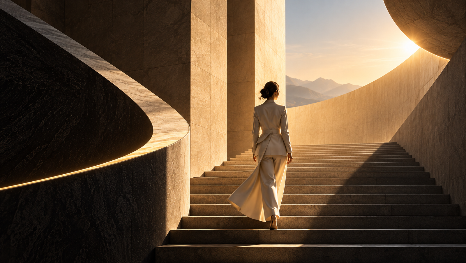 Woman ascending architectural stairs symbolising growth, transformation and future identity