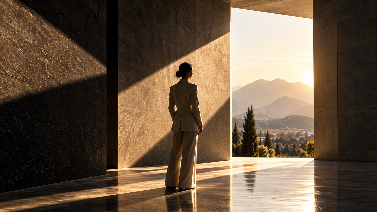 Woman in an architectural space symbolising identity alignment and personal transformation